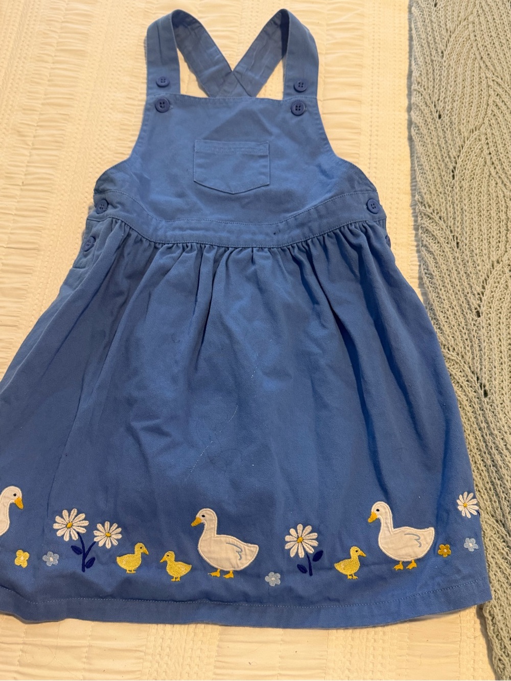 JoJo Maman Bebe Blue Pinafore Dress with Duck and Flower Embroidery